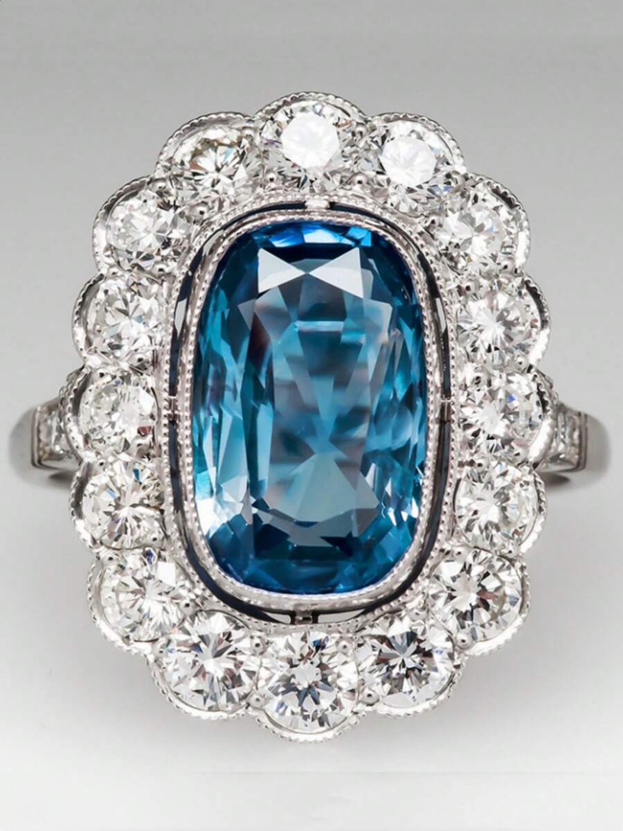 1只復古風格高檔女戒指,設有海藍色方形鋯石,時尚個性化的珠寶首飾,適合日常佩戴 - 銀色 - 查看 1