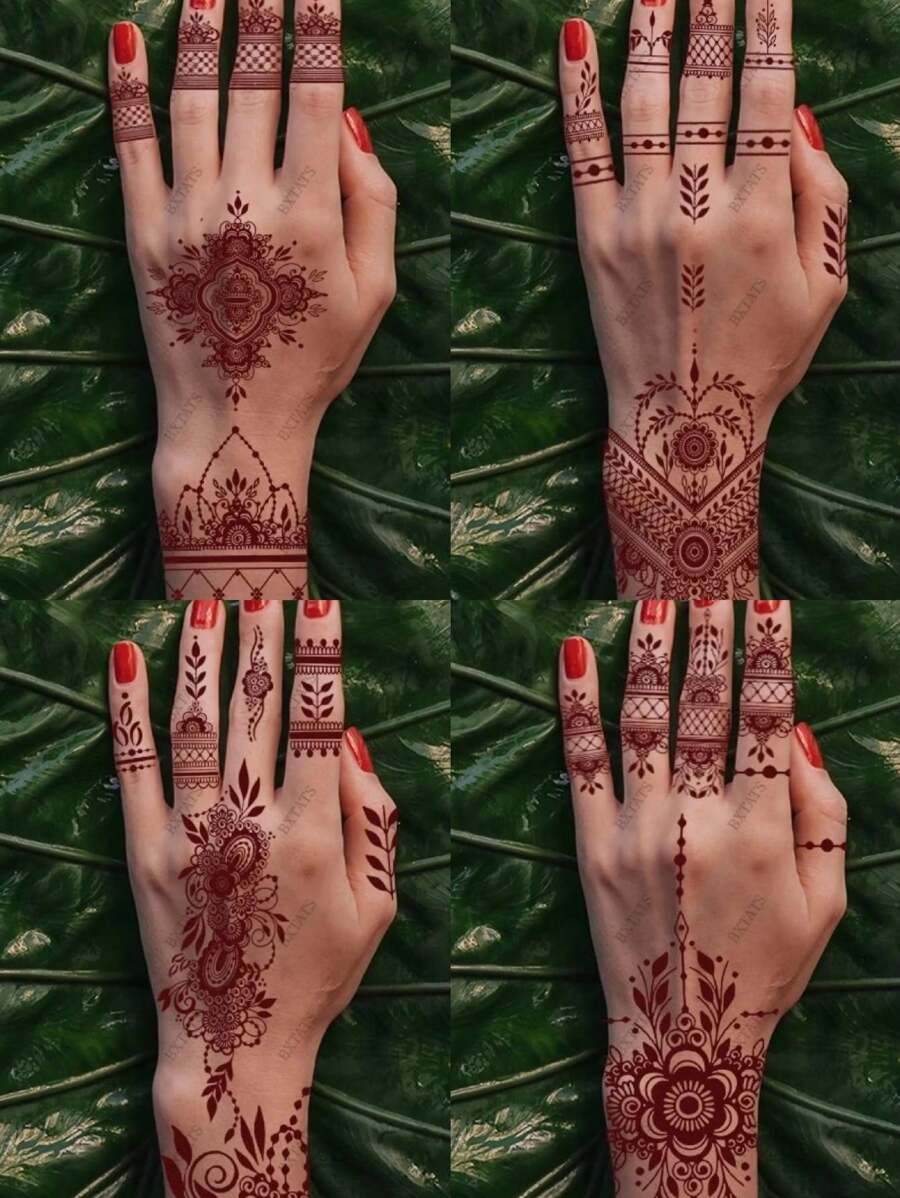 4 件逼真的手指和手腕指甲花纹身贴纸，带有花卉、叶子、莲花图案 - 红棕色，临时半永久防水纹身 - 棕色 - 查看 1