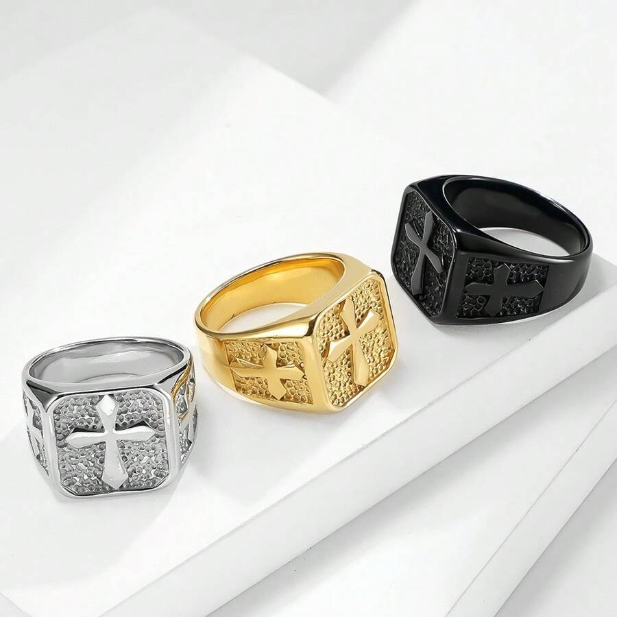 Simple Stainless Steel Cross Ring Hand Decoration Gift, Silver/Gold/Black