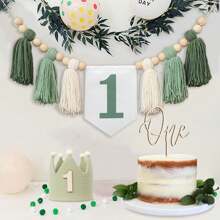 Decoración hecha a mano para la torta del primer cumpleaños: banderín, sombrero de corona tejido en verde, decoración para el dormitorio del bebé en su primer cumpleaños, decoración para el hogar, decoración de habitación, decoración de pared