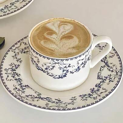 A Set Of Hand-Painted Floral Ceramic Cup And Saucer, Vintage French Style Coffee Cup And Saucer, Ins Style Antique Fresh Tea Cup And Saucer, Suitable For Living Room, Dining Room, Coffee Shop