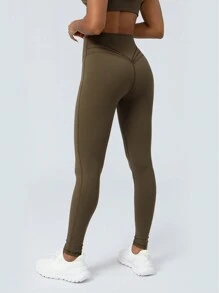 Women's High Waisted Tummy Control Running Fitness Yoga Workout Leggings - Army Green - View 4