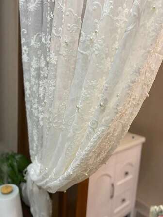 1入組高級法式珠繡白色紗簾