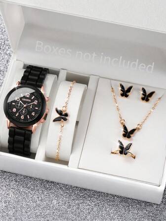 1 件女士硅胶表带时尚三眼表盘数字石英腕表和 5 件首饰套装节日作为返校学生的礼物