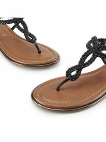 Women's Fashion Sandals, Dressy Summer Bohemian T-Strap Comfortable Summer Flats Sandals For Vacation Valentines - 黑色 - 查看 6