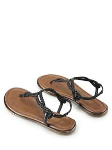 Women's Fashion Sandals, Dressy Summer Bohemian T-Strap Comfortable Summer Flats Sandals For Vacation Valentines - 黑色 - 查看 5