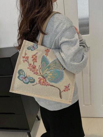 Fashion Animal Graphic Print Women Tote Bag, Floral Contrasting Color Large Capacity Tote Bag, School Style Functional Backpack, Minimalist Commuting Crossbody Shoulder Bag, New Versatile Large Capacity Tote Satchel Bag