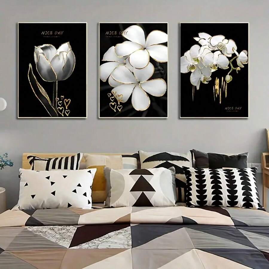 3入組無框黑色背景白色花卉畫布畫,現代化的卧室、旅館、家庭裝飾海報,藝術畫像無框款 - 彩色 - 查看 1