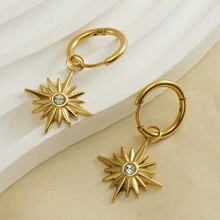 不銹鋼歐美時尚八角星耳環項鍊套裝，鑲嵌鑽石，鈦鋼和18K金耳環，女性珠寶