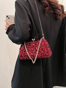 Red Sparkly Evening Clutch Bag For Women With Rhinestone Decoration, Shoulder And Handheld Design - Red - View 3