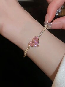 1 件时尚奢华心形和水钻装饰女士手链，适合约会、派对、节日、日常使用和节日礼物情人节、妈妈、母亲、母亲节、礼物 - 金黃色 - 查看 1