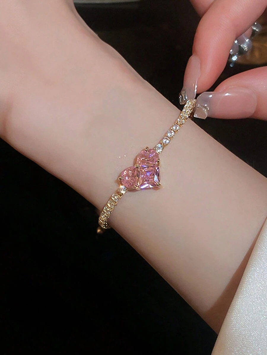 1 件时尚奢华心形和水钻装饰女士手链，适合约会、派对、节日、日常使用和节日礼物情人节、妈妈、母亲、母亲节、礼物 - 金黃色 - 查看 1