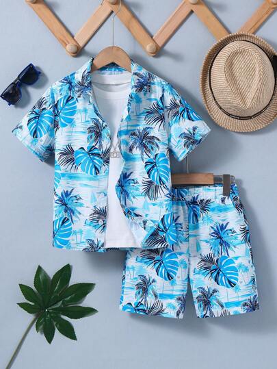 2pcs/Set Boys' Casual Coconut Tree & Ditsy Floral Short Sleeve Polo Shirt Jacket And Matching Shorts Set, Hawaiian Aloha Shirt, Spring/Summer