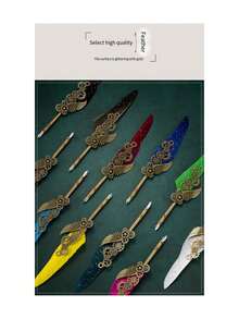 1pc Vintage Feather Pen For Wedding Event, European Style Dip Pen Set Including Ink, Wax Seal Stamp With Gift Box - Multicolor - View 5