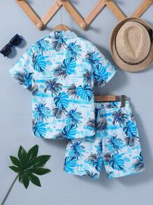 2pcs Set Tween Boy Casual Leaf Ditsy Floral Short Sleeve Polo Collar Shacket And Matching Shorts, Spring/Summer