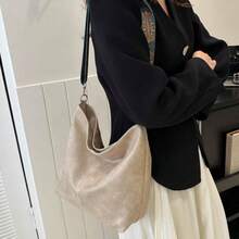 Bolso Grande Retro De Color Sólido De Gran Capacidad, Bolso De Mujer Para Llevar Al Trabajo, Con Textura Suave Para El Hombro - Blanco - Ver 2