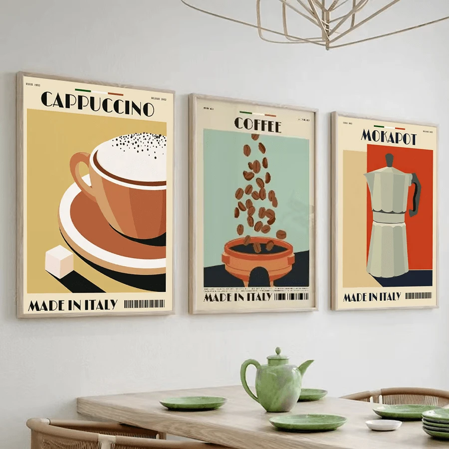 3 件意大利浓缩咖啡壶咖啡豆墙面艺术帆布画海报和印刷品墙壁画适用于咖啡馆客厅装饰可选框架 - 紅白色 - 查看 1