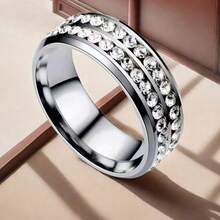 1枚歐美風格新款時尚小圓鑽滿鑽戒指有設計感奢華感滿天星情侶鑽戒女士節日佩戴禮物鈦鋼方晶鋯石戒指 - 銀色 - 查看 2