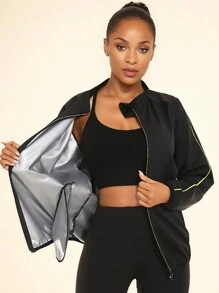 1pc Women's Zipper Pocketed Athletic Sweat Jacket With Reflective Silver Coating, Suit For Running, Workout, Body Sculpting - Black - View 3