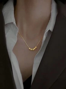 1pc Stainless Steel 18k Gold Plated Necklace With 5 Beads Decor, Suitable For Women's Daily Wear Or Gifting