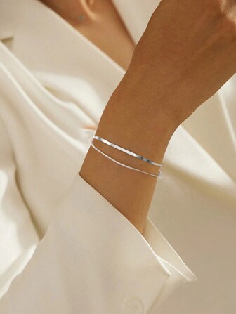 1 件簡約 925 銀雙層蛇骨鏈手鍊適合女士日常佩戴