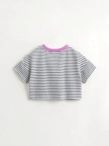 MARC&JANIE 少女時尚條紋和卡通圖案短袖圓領T恤，夏季款 - 藏蓝色 - 查看 6