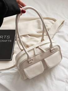 Large Capacity Commuting Pu Solid Color Simple Style Ladies' Shoulder Bag, Fashionable And Versatile For Daily Shopping, Dating, Traveling, Gifting