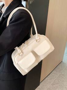 Large Capacity Commuting Pu Solid Color Simple Style Ladies' Shoulder Bag, Fashionable And Versatile For Daily Shopping, Dating, Traveling, Gifting