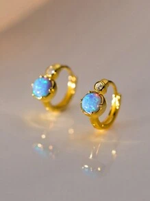 BALMORA 1 Pair 925 Sterling Silver Vintage Synthetic Opal Clip-On Earrings, Suitable For Women's Daily Wear, Gift For Dates - Gold - View 8