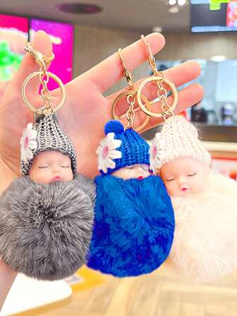 1 pieza, Accesorio en forma de bebé durmiente con sombrero de punto pompón suave y esponjoso, de estilo lindo y de dibujos animados, como llavero, accesorio para bolso, regalo de cumpleaños, de regalo para damas, principiantes y trabajadores de oficina