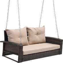 Homnibu Wicker Hanging Porch Swing Chair Outdoor Brown Rattan Patio Swing Lounge W/ 2 Back Cushions Capacity 770lbs For Garden, Balcony, Living Room, Beige - 米色 - 查看 2