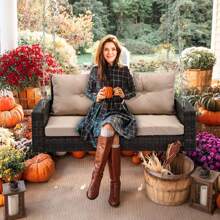 Homnibu Wicker Hanging Porch Swing Chair Outdoor Brown Rattan Patio Swing Lounge W/ 2 Back Cushions Capacity 770lbs For Garden, Balcony, Living Room, Beige - 米色 - 查看 7