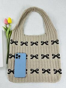 蝴蝶圖案針織手袋,時尚女士單肩袋,鉤織編織手提包 - 卡其色 - 查看 3