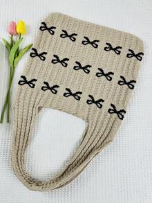 蝴蝶圖案針織手袋,時尚女士單肩袋,鉤織編織手提包 - 卡其色 - 查看 2