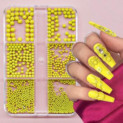 Macaron Color Round Steel Bead Nail Art Gemstone Decoration, 6 Pieces Of Macaron Color Steel Bead Mixed Size Round Steel Bead Nail Art Gemstone Decoration In A Set, Suitable For Ladies And Girls (Yellow)