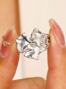 1 pieza Anillo de diseño asimétrico con textura con forma de rama y hoja de Ginkgo, adecuado para mujeres - Ginkgo biloba - Ver 3