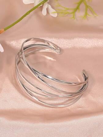  1 件时尚简约欧洲金属十字交叉开口手镯，适合女士，日常百搭（可根据手臂调节开口尺寸）