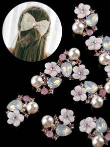 5pcs Faux Pearl Rhinestone Buttons Flat Electroplated Hair Clips Diy Craft Sewing Clothing Accessories Wedding Decoration