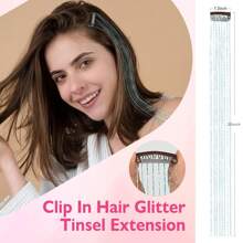 Paquete De 6 Piezas De Kit De Mechones De Cabello Con Clip, Extensiones De Cabello Brillante Y Resistente Al Calor De 20 Pulgadas, Mechones De Brillo De Hadas De Fiesta De Accesorios De Cabello Regalo De Cumpleaños Para Mujeres - Celeste - Ver 4