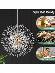 2PCS Lámpara de techo moderna, lámpara colgante de vidrio para recámara, sala, comedor, 8 luces (sin bombilla) - Dorado - Ver 2