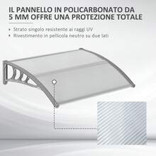 Pensilina Tettoia da Esterno 100x75cm in Policarbonato per Balcone Porte e Finestre Resistente ai Raggi UV, Argento - Tagli Unica - Visualizzare 8