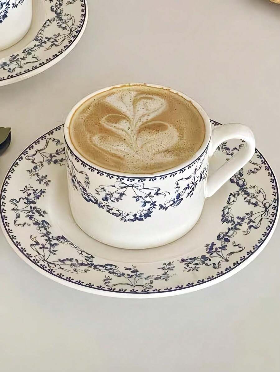 手繪花卉陶瓷杯碟一套,復古法式咖啡杯碟,文青風古風茶杯碟,適用於客廳、餐廳、咖啡店 - 藍色 - 查看 1