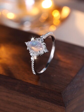 1 st Utsökt Princess Style 925 Sterling Silver Fyrklorad Oval Månstensring för kvinnor, datum/födelsedagspresent, förlovnings-/vigselring, modeaccessoar