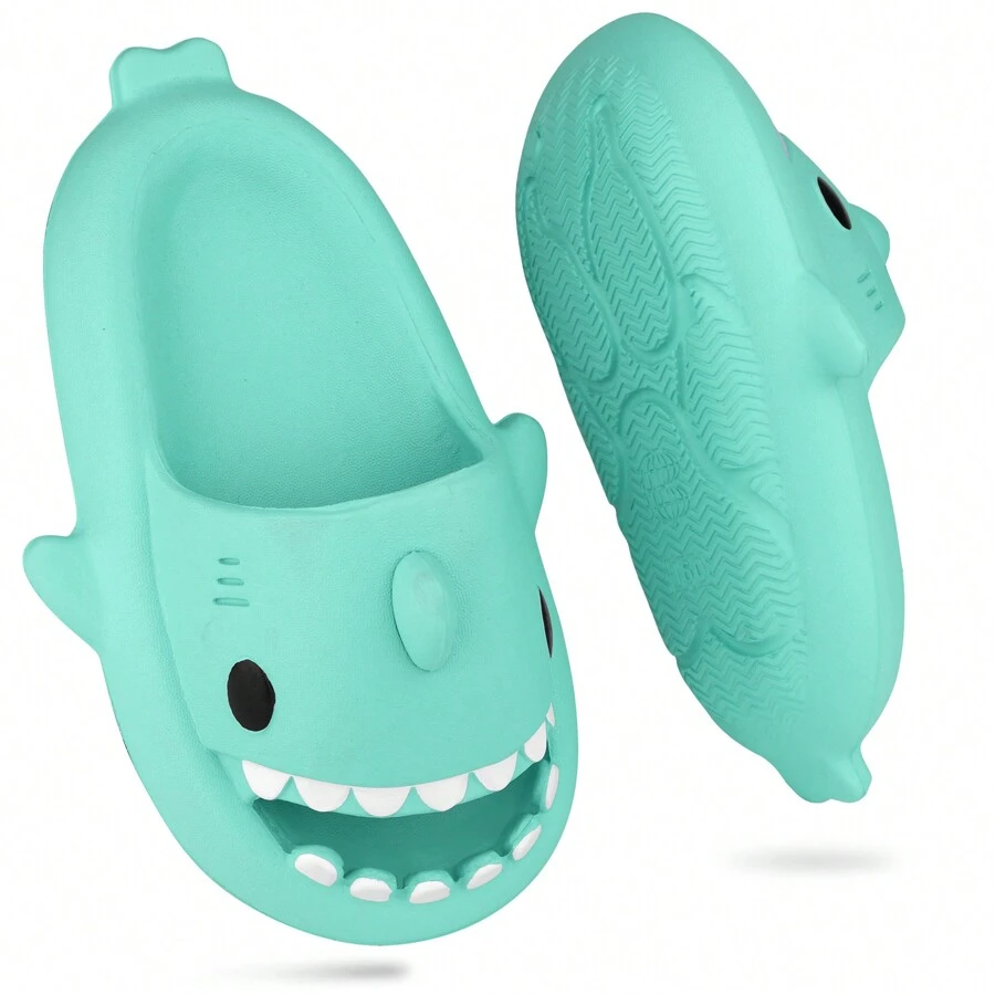儿童鲨鱼云拖鞋幼儿男孩女孩可爱淋浴拖鞋鲨鱼凉鞋海滩泳池速干 - 薄荷綠 - 查看 1