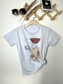 Camiseta blusa T-Shirt Feminina Algodão Gola Careca simples 100% algodão Moda casual padrão de cara de menina Desenho simples - Branco - Visão 1