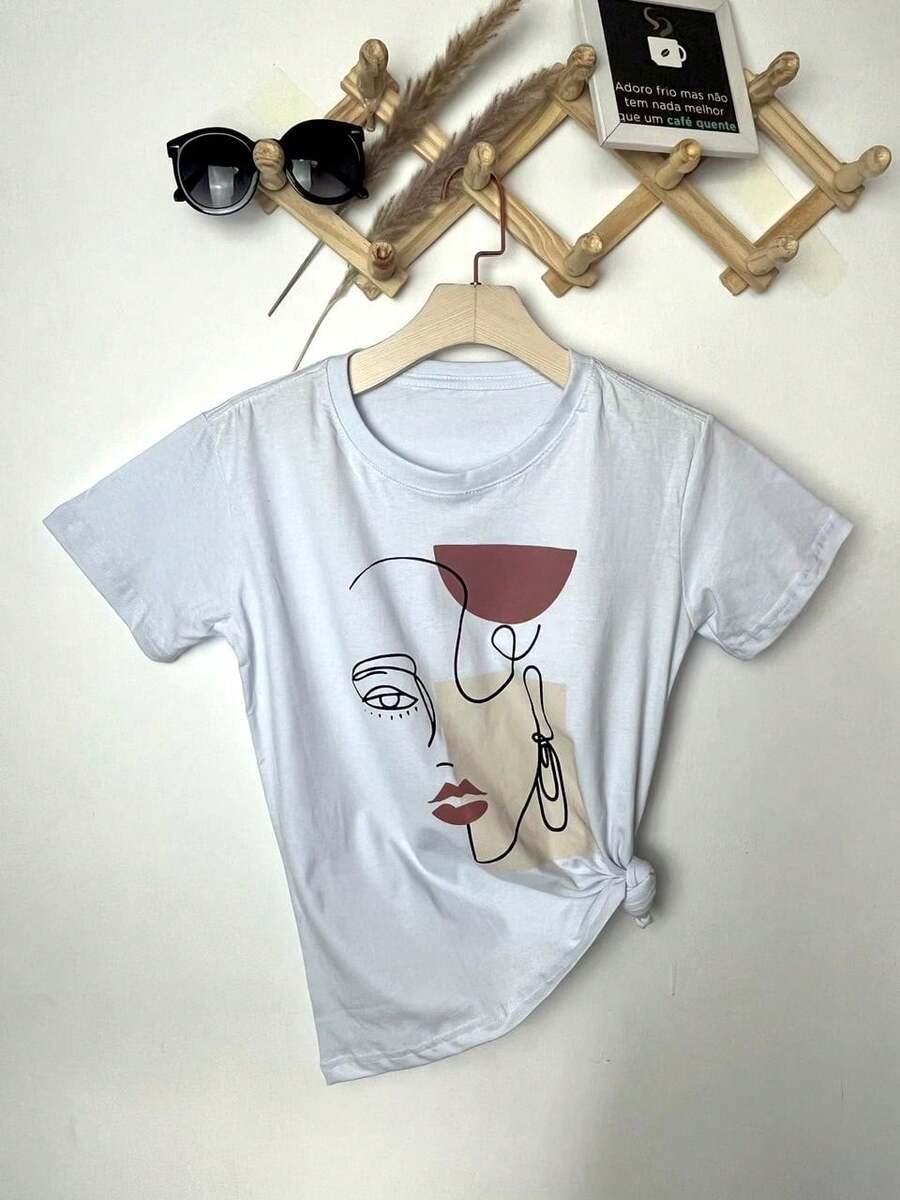 Camiseta blusa T-Shirt Feminina Algodão Gola Careca simples 100% algodão Moda casual padrão de cara de menina Desenho simples - Branco - Visão 1