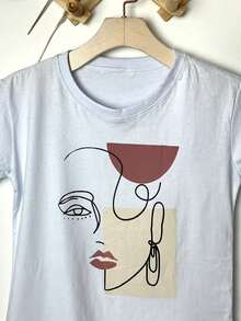 Camiseta blusa T-Shirt Feminina Algodão Gola Careca simples 100% algodão Moda casual padrão de cara de menina Desenho simples - Branco - Visão 5