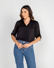 CAMISA ACETINADA MANGA 7/8 PRETO