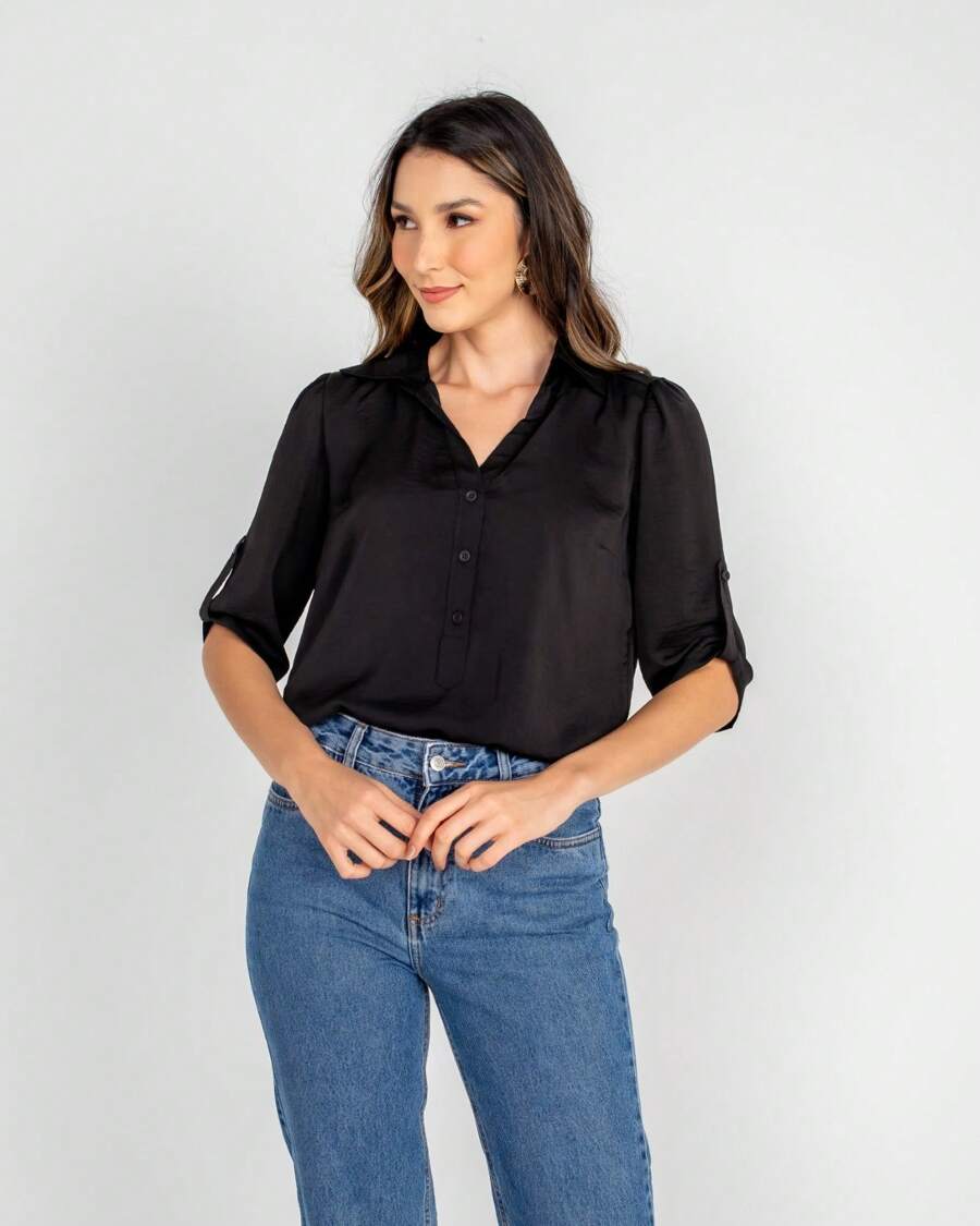 CAMISA ACETINADA MANGA 7/8 PRETO