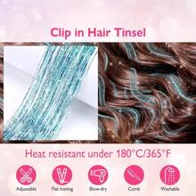 Paquete De 6 Piezas De Kit De Mechones De Cabello Con Clip, Extensiones De Cabello Brillante Y Resistente Al Calor De 20 Pulgadas, Mechones De Brillo De Hadas De Fiesta De Accesorios De Cabello Regalo De Cumpleaños Para Mujeres - Celeste - Ver 3